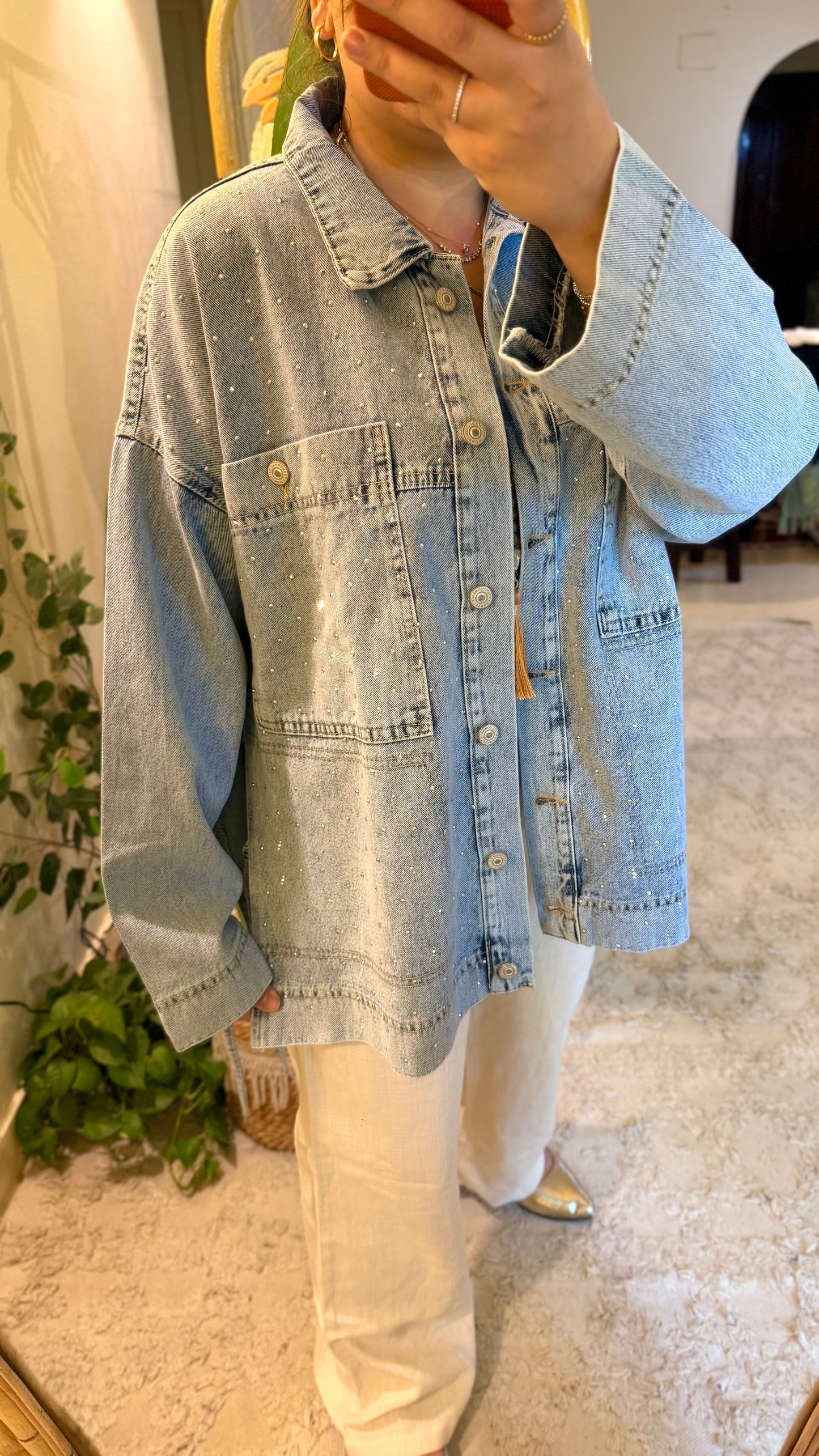 Glam Denim Oversized Jacket With Pockets & Ties