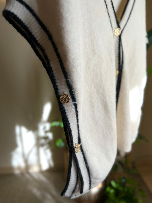 Cream Stripped Black Vest With Golden Buttons