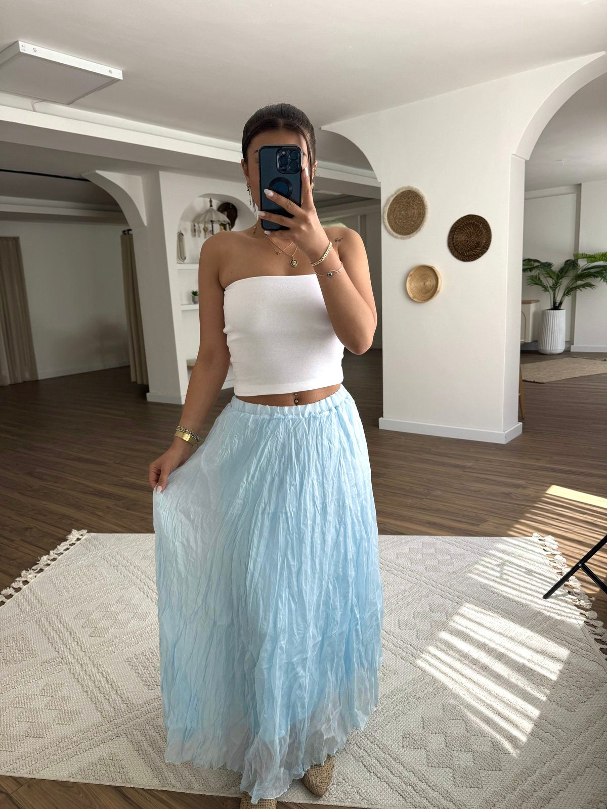 Baby Blue Crinkled Cotton Inlined Skirt