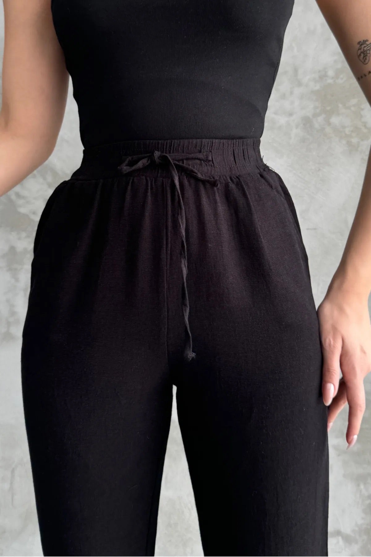 Black Muslin Cotton Pants With Fringes