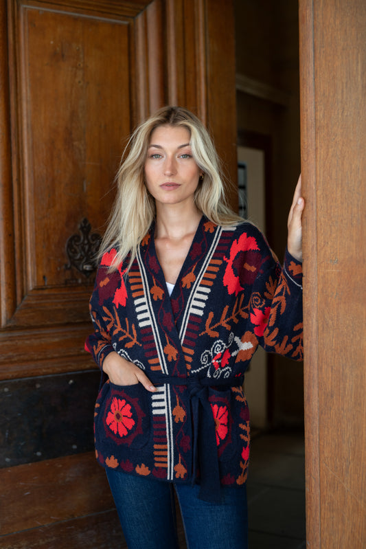 Navy Premium Embroidered Triko Belted Jacket