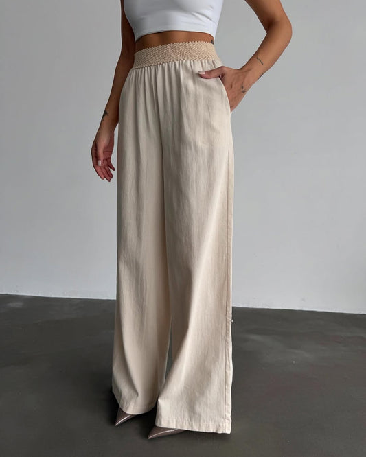 Linen Wide Leg Pants With Elastic Waist