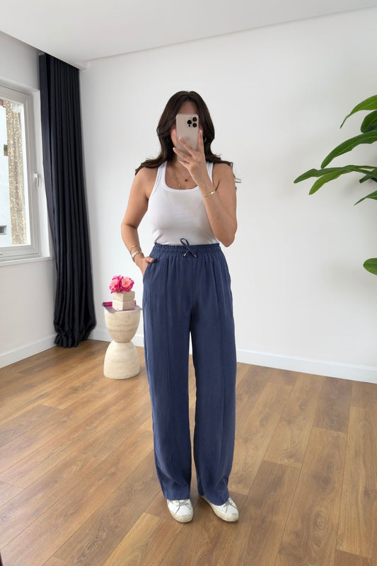 Washed Blue Wide Pants With Elastic Waist