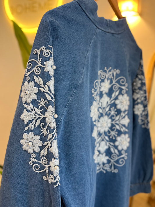 Blue Denim Embroidered Floral Kimono