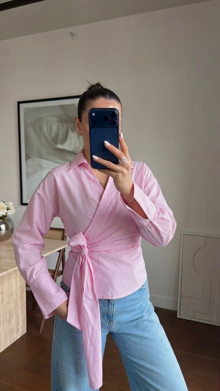 Striped Pink Tie Wrap Shirt