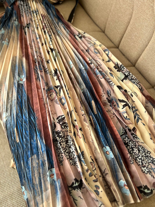 The Floral Pleated Satin Dress With Belt