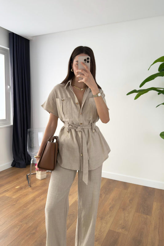 Beige Linen Belted Set With Pockets