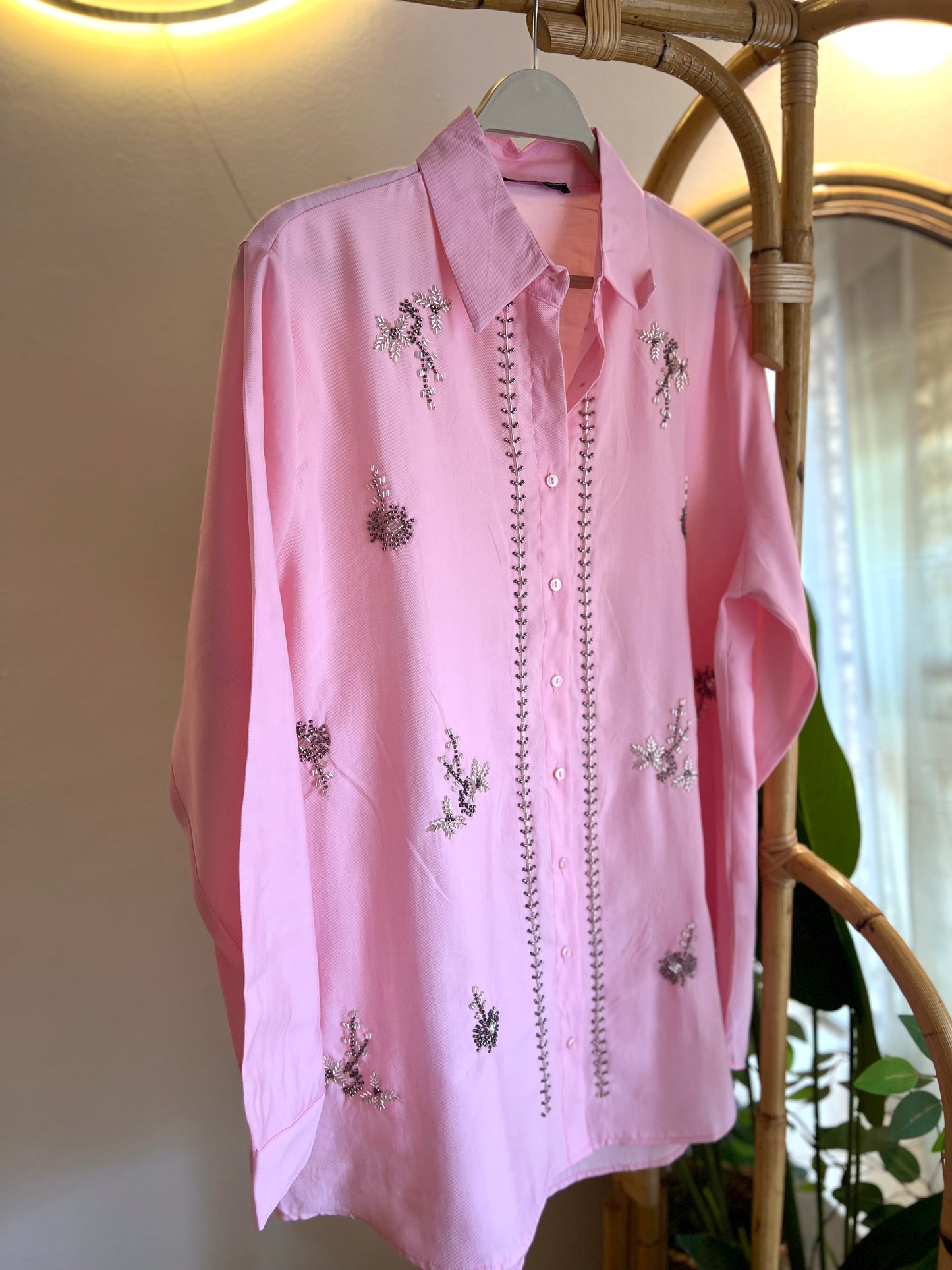 Pink Linen Bead-Embellished Shirt
