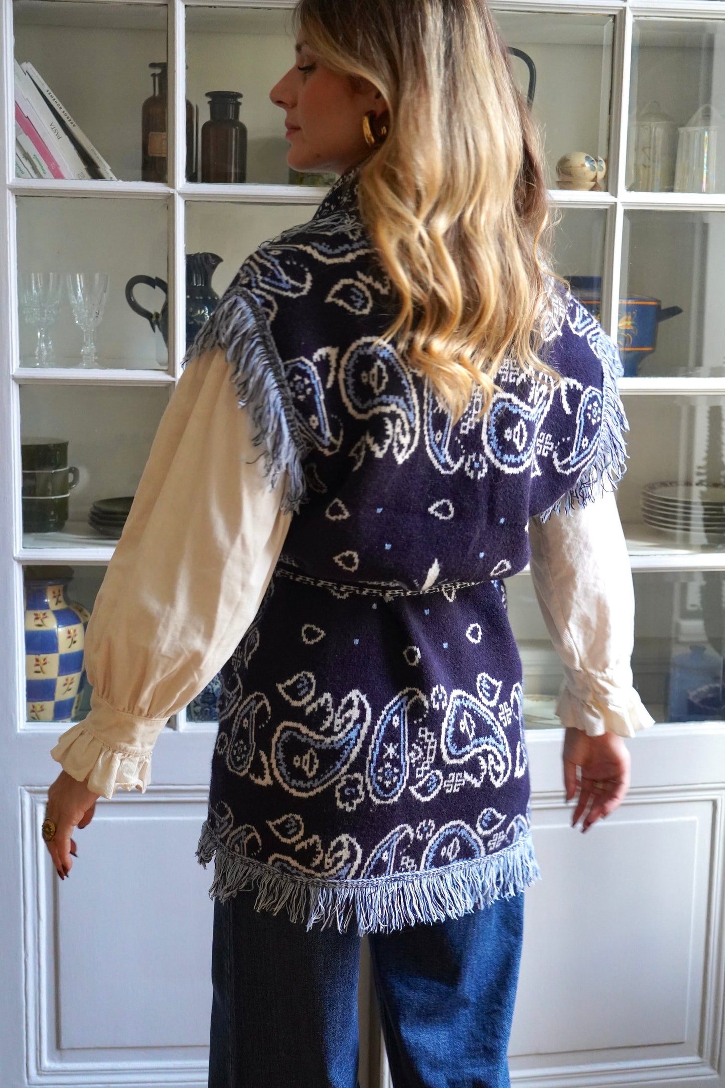 The French Navy Bandana Vest Cardigan With Belt & Pockets