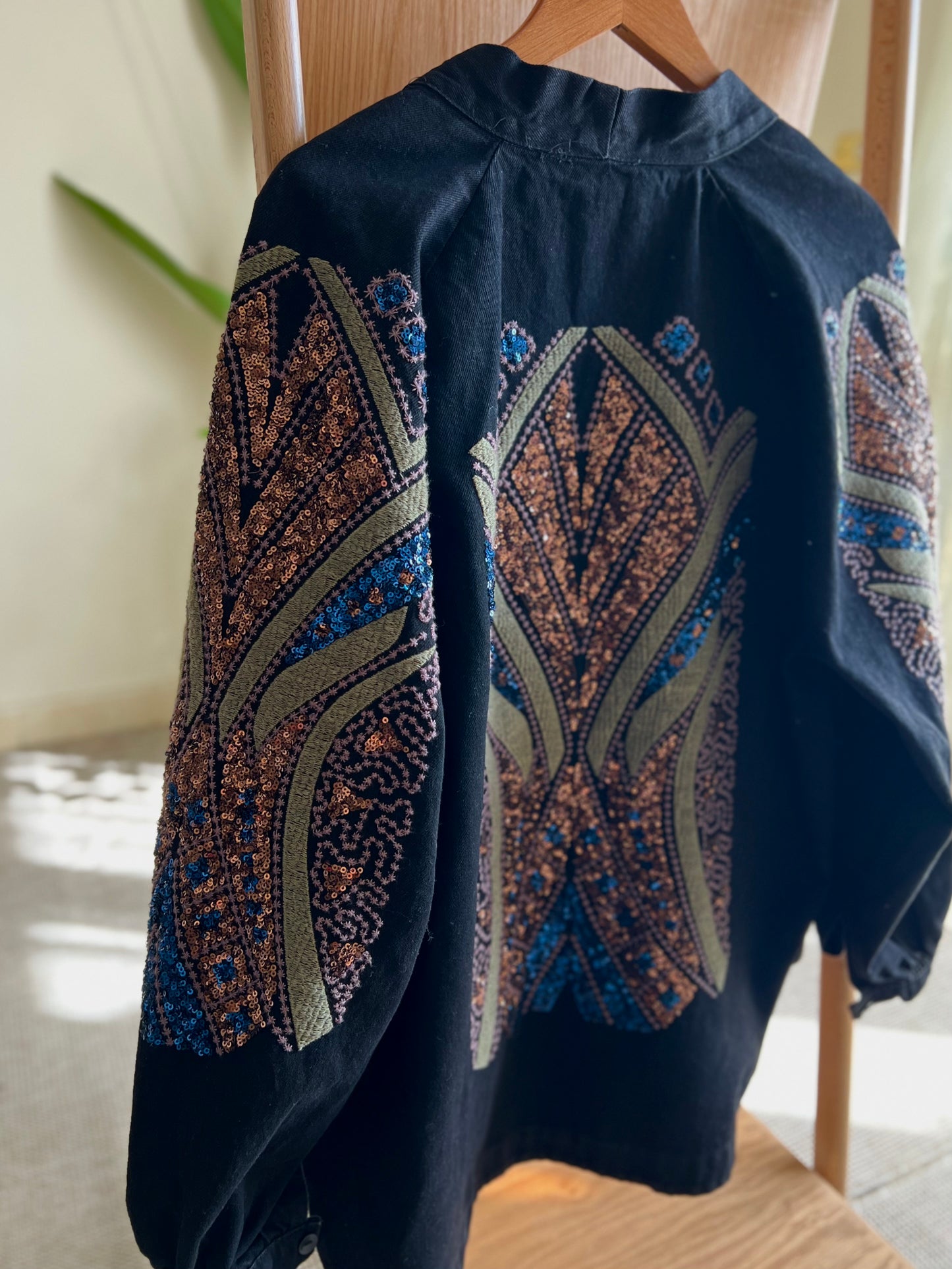 Black Denim Embroidered Sequin Kimono