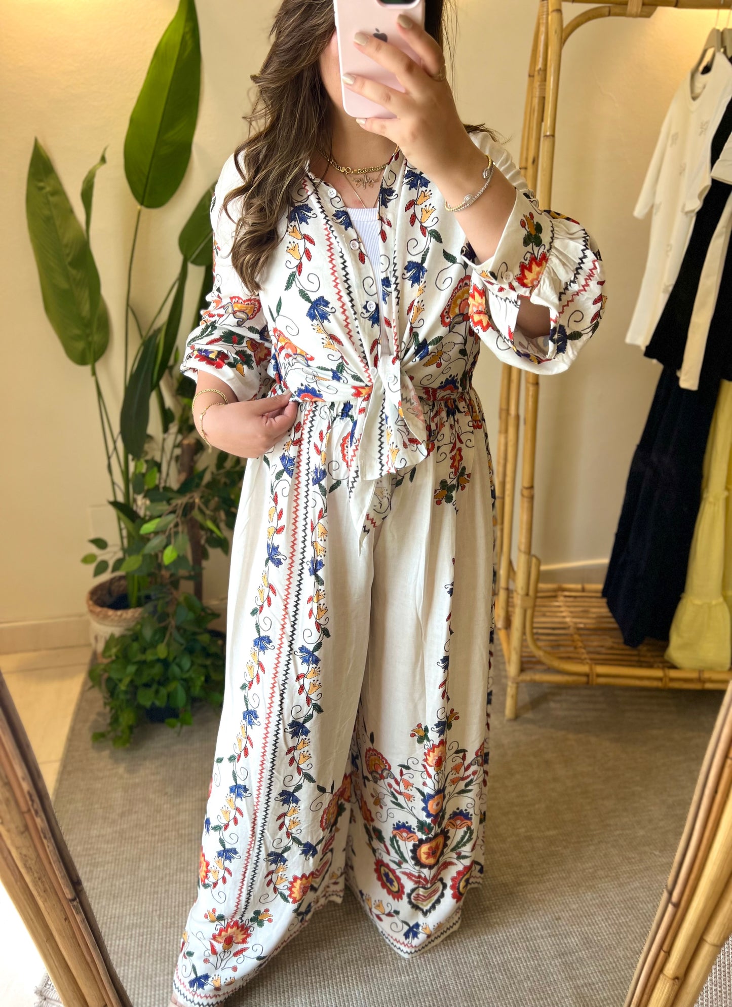 Floral White Red Oversized Shirt Set