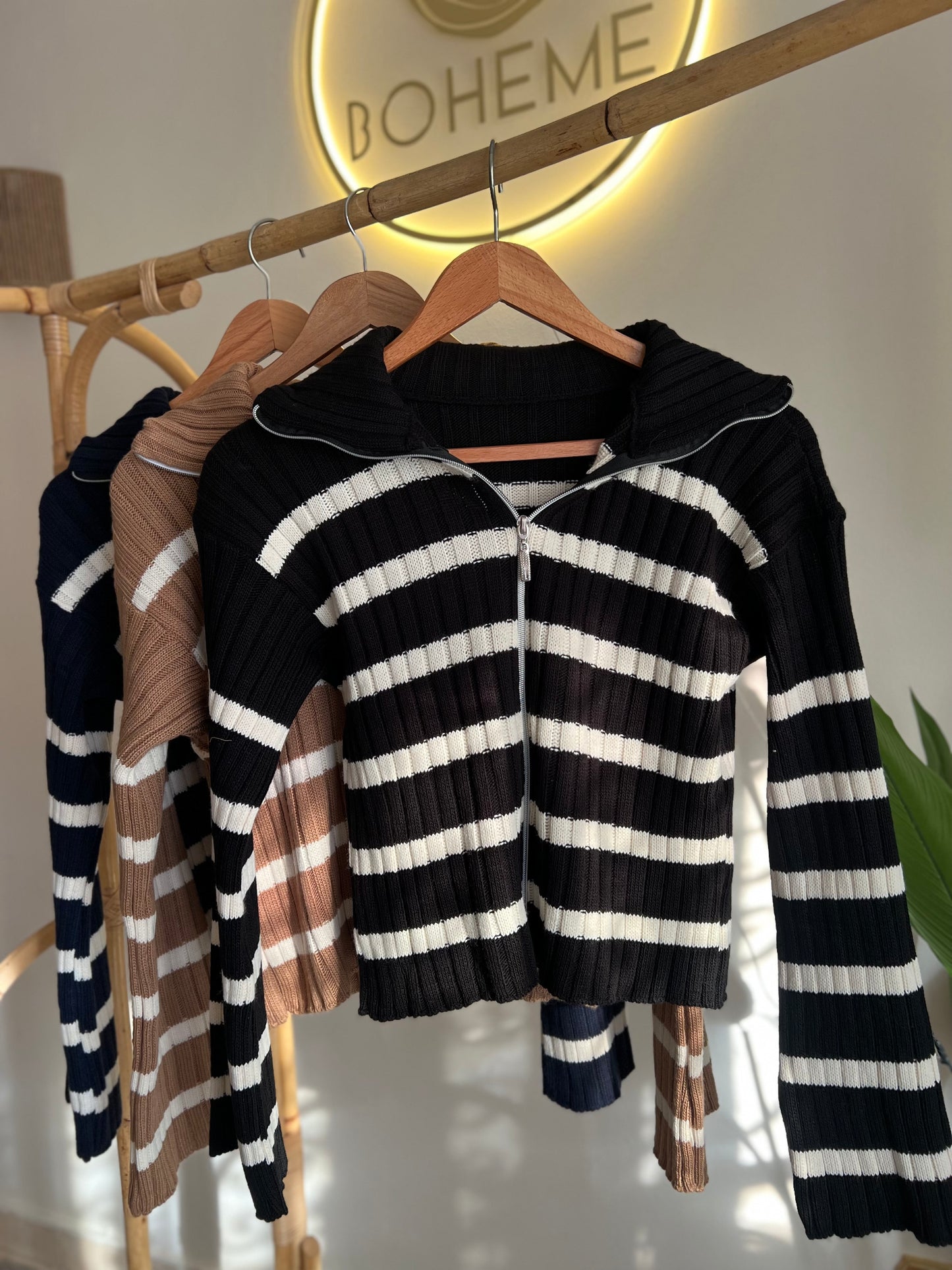 Black & White Striped Zipper Triko Jacket