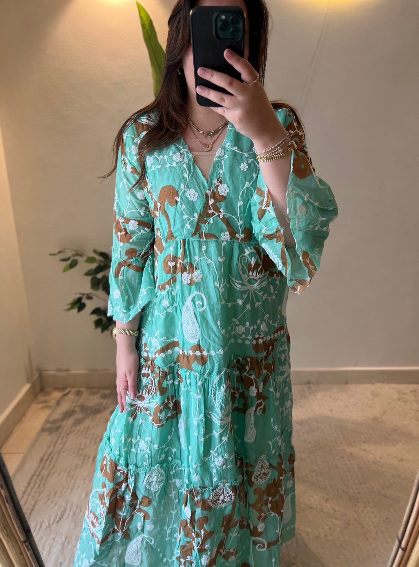 The French Aqua Brown Embroidered Paisley Dress