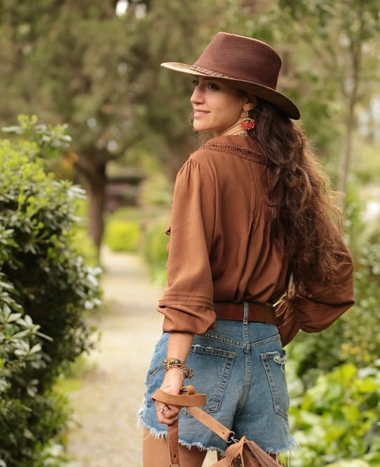 Burnt Orange Ruffle Blouse With Floral Dantel