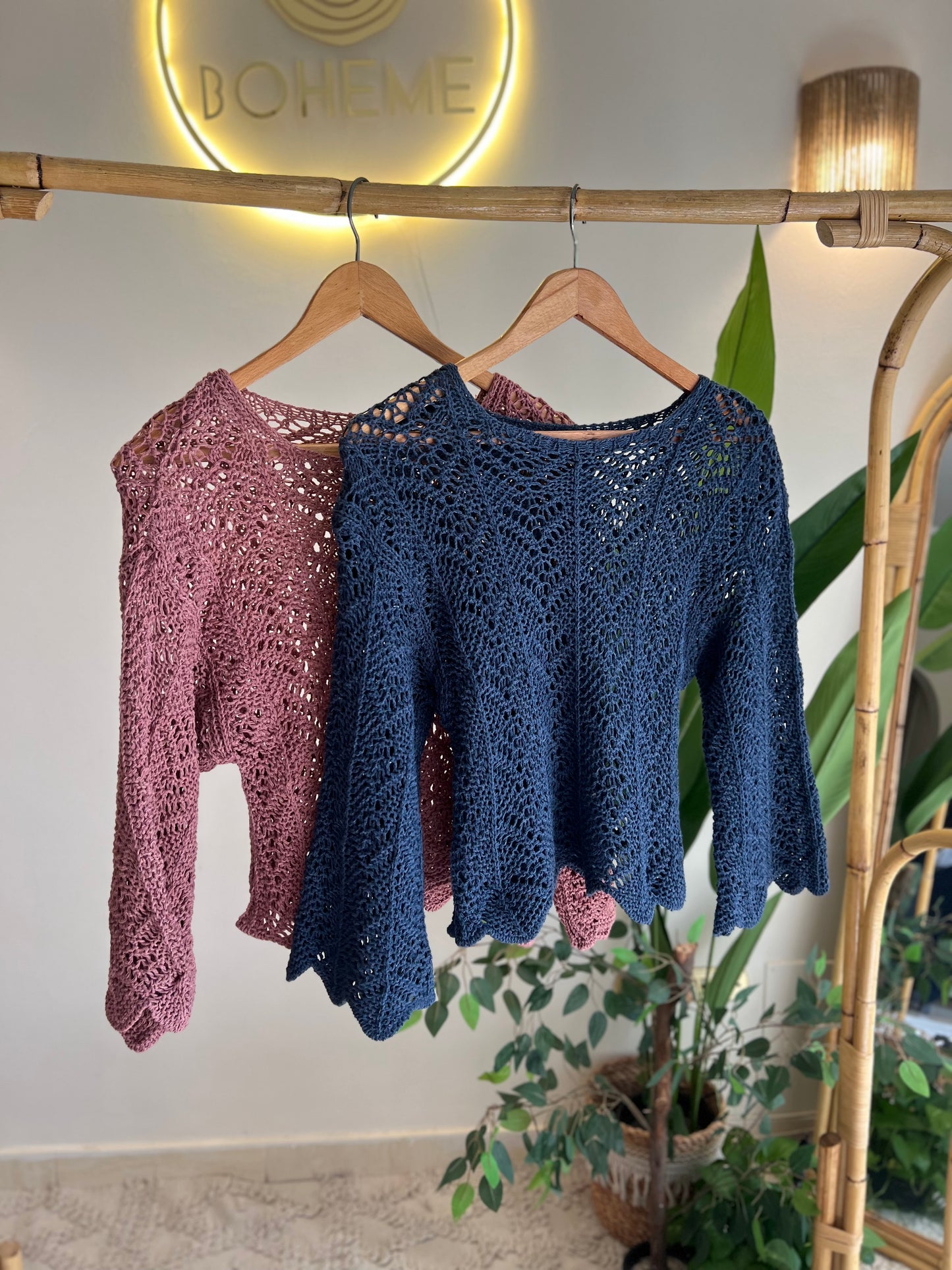 Navy Crochet Top With Bell Sleeves