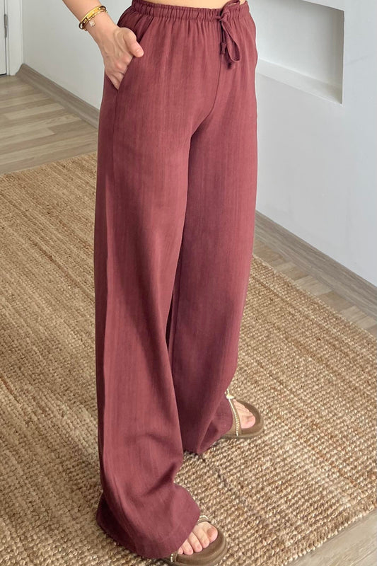 Redwood Stripy Linen Straight Leg Pants With Elastic Waist