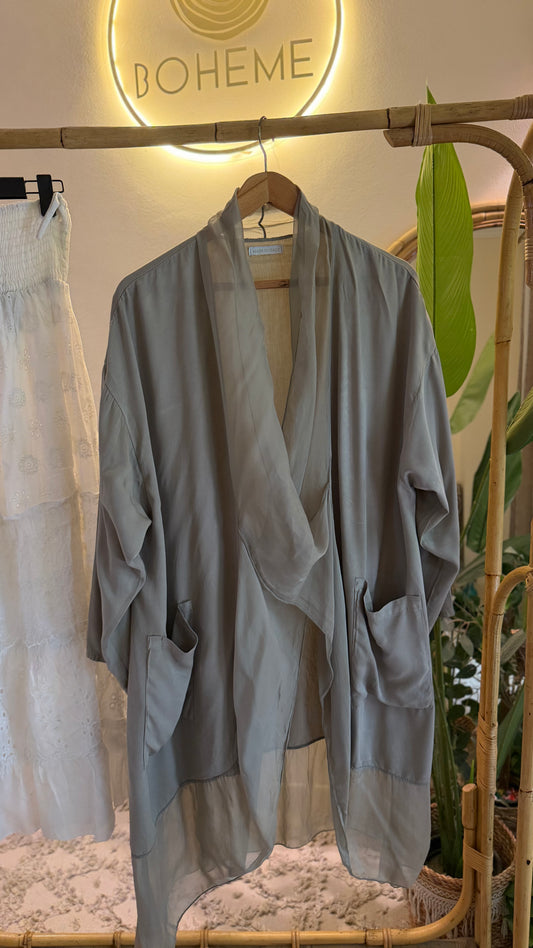 Italian Draped Collar Greige Cardigan Top With Pockets