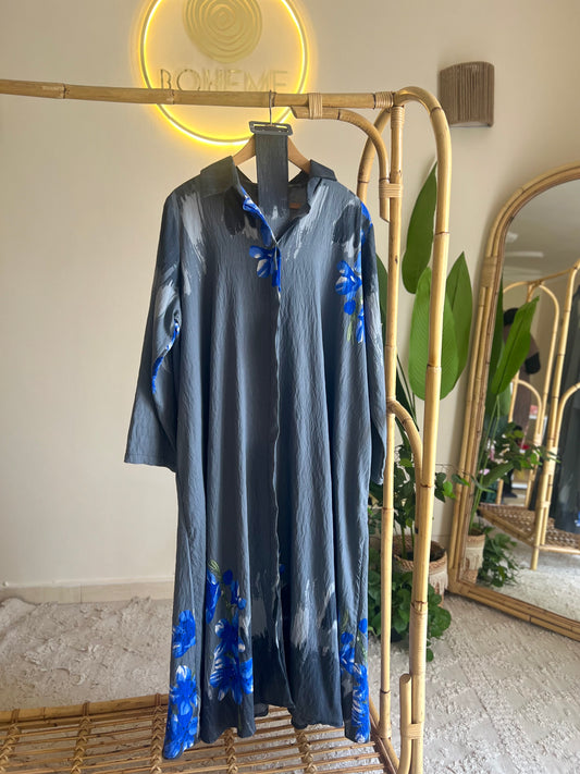 Grey X Blue Floral Belted Shirt Dress
