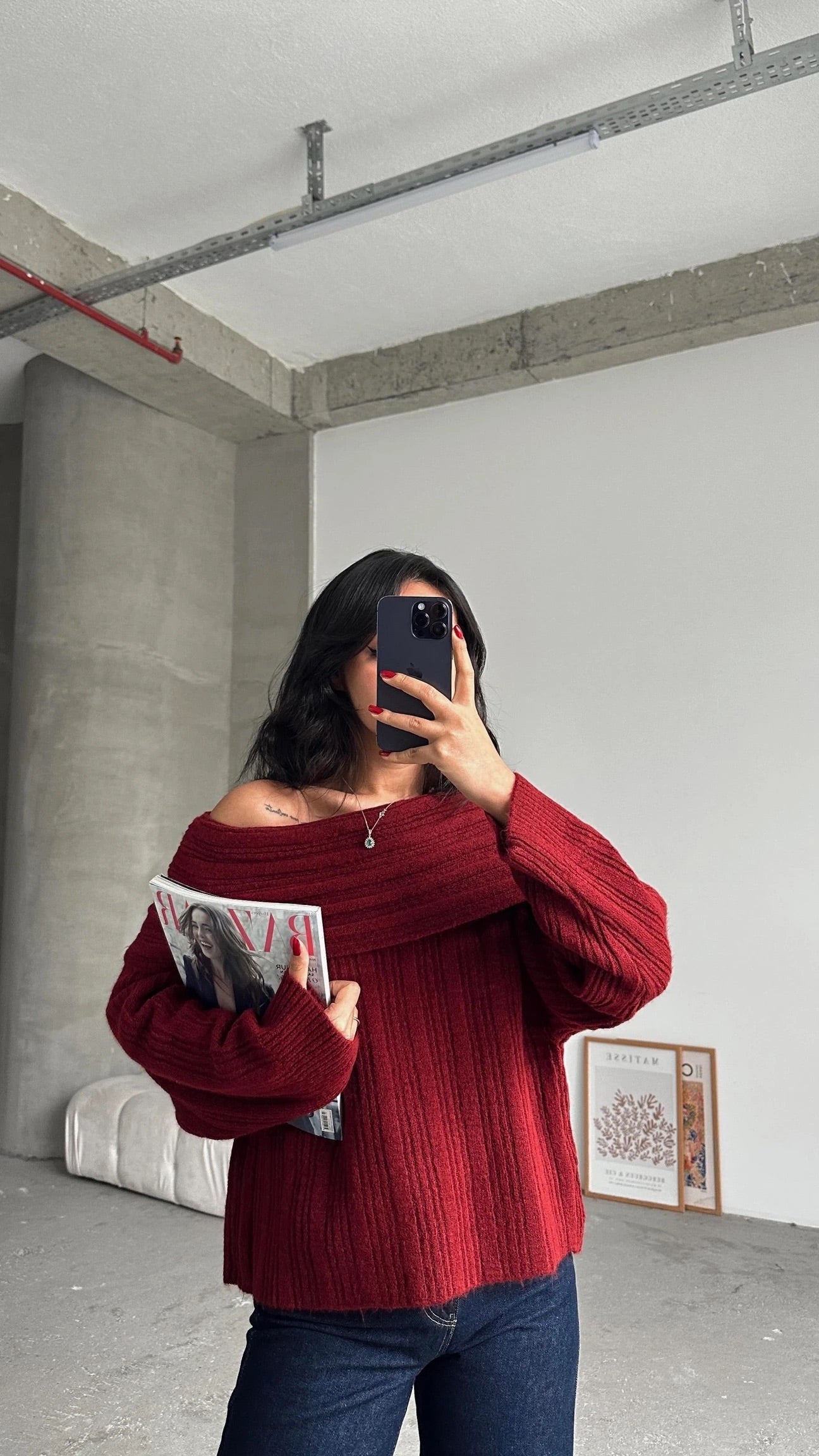 Cherry Red Off Shoulder Triko Pullover