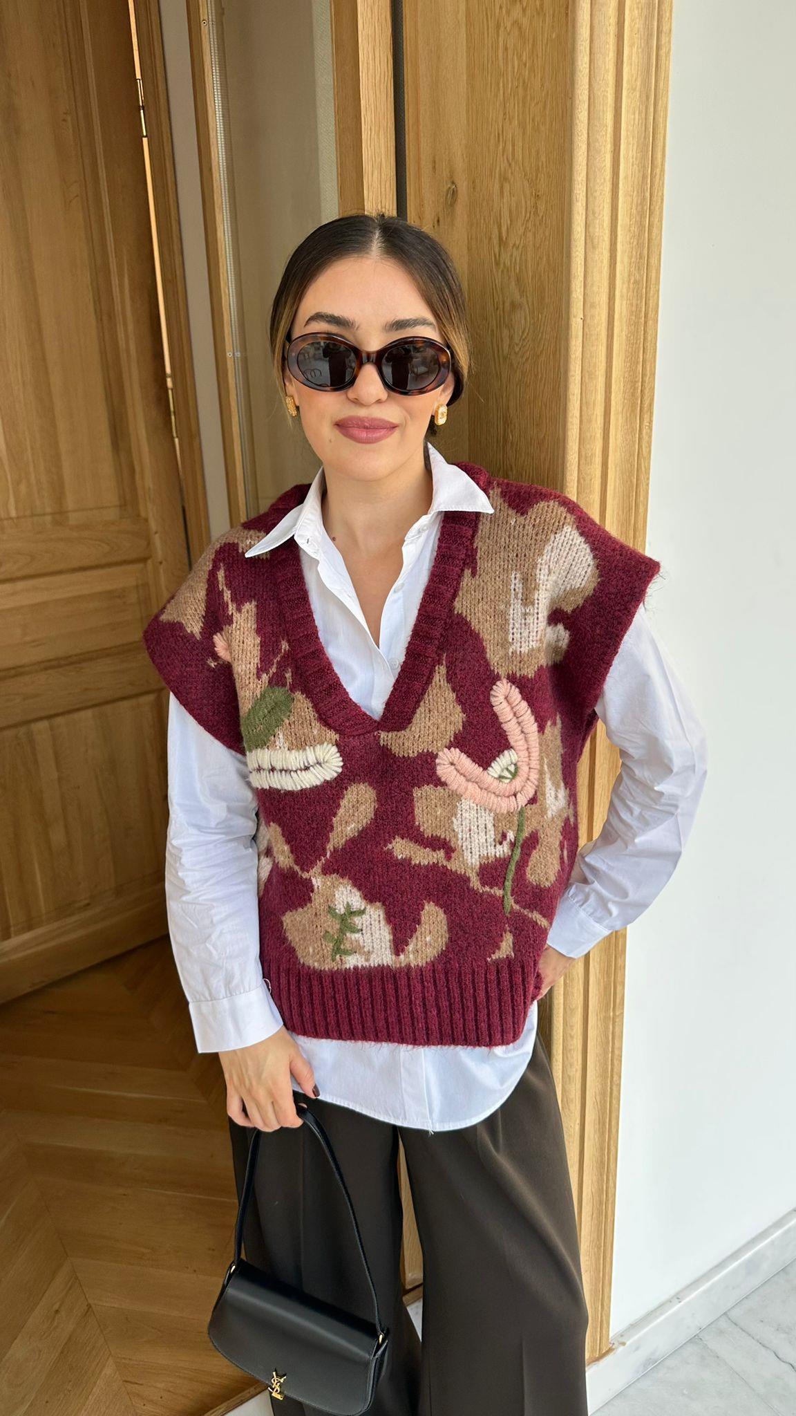 Embroidered Burgundy Multicolored V Neck Vest