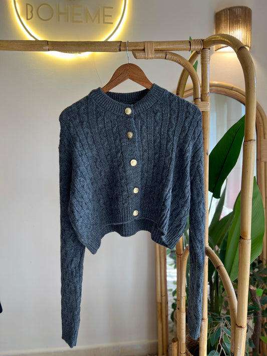 Grey Braided Cardigan With Golden Buttons