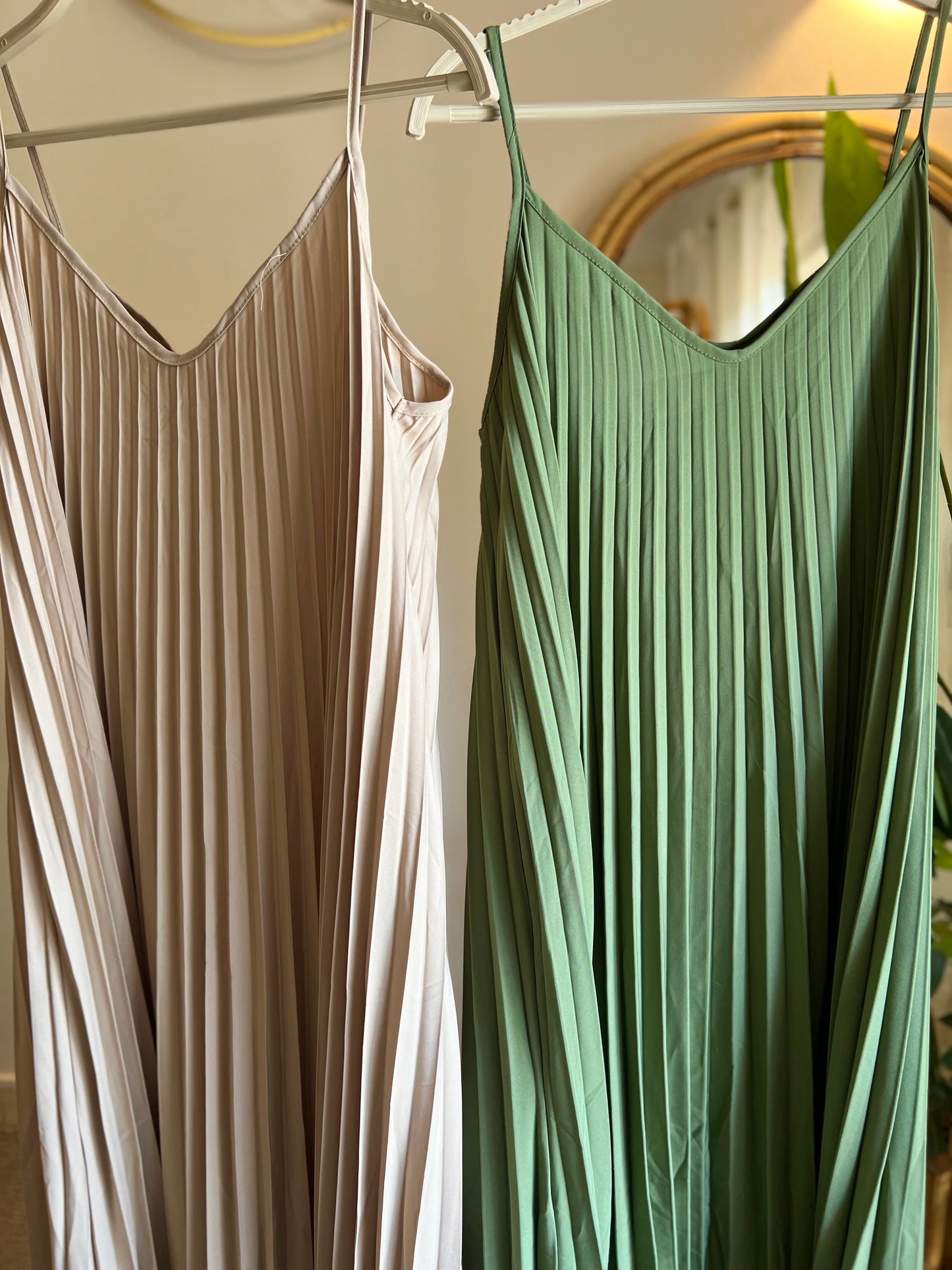 Beige Pleated Straps Italian Dress