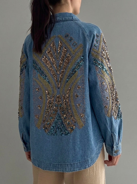 Blue Denim Embroidered Sequin Kimono