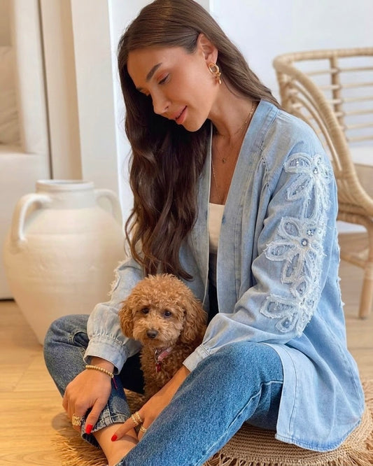 Light Blue Denim Embroidered Floral Kimono