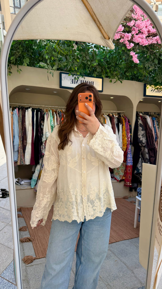 Beige Floral Embroidered Lace Oversized Shirt