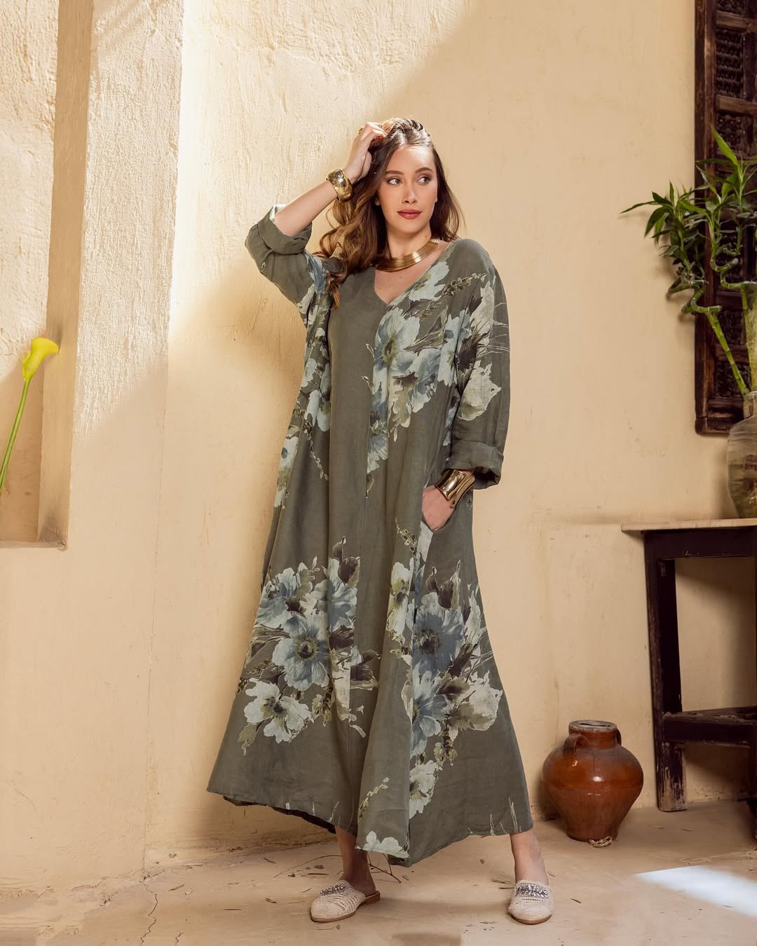 Italian Linen Olive Floral Maxi Dress