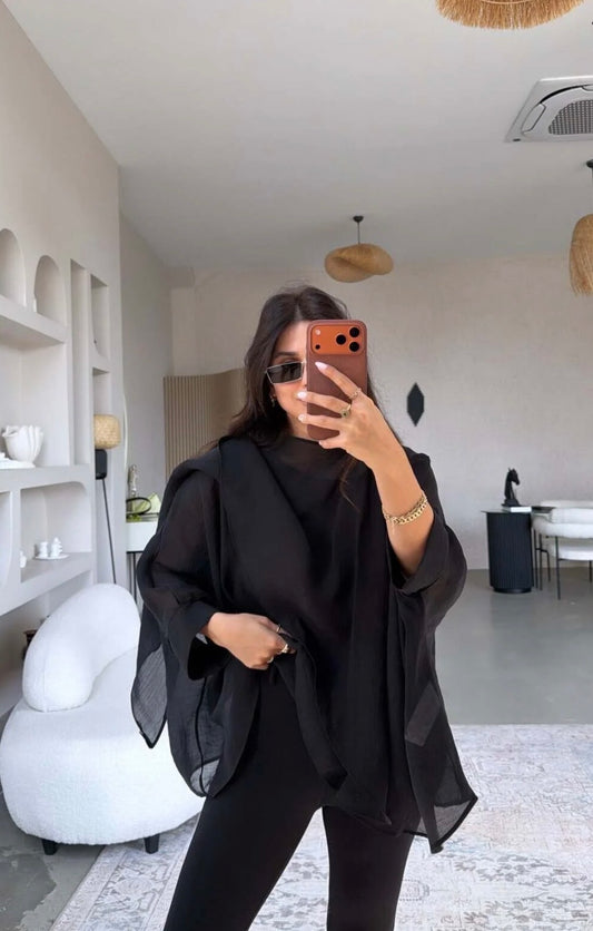Black Chiffon Cape Blouse
