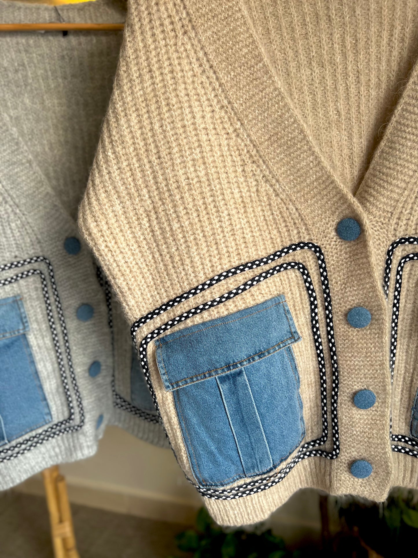 Beige Triko X Denim Cardigan With Pockets