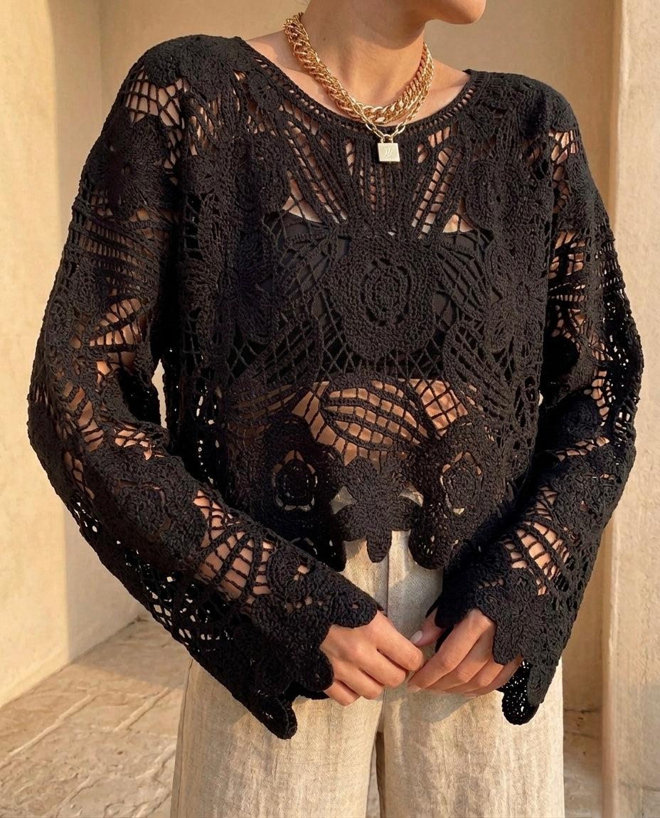 Black Floral Crochet Blouse