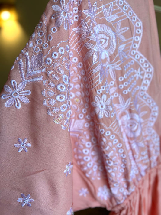 Flamingo Pink X White Floral Embroidered Dress
