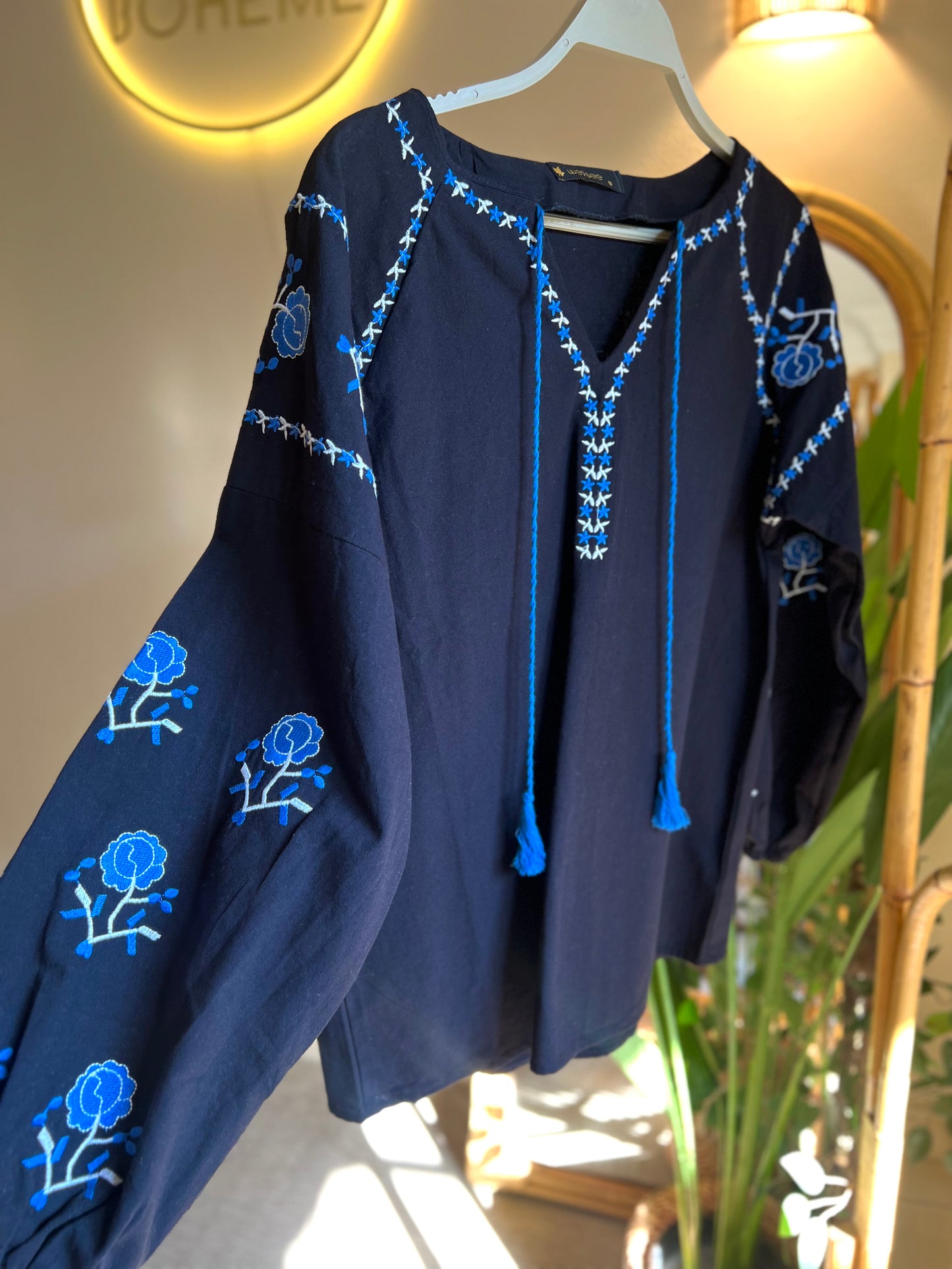 Black Blue Floral Embroidered Blouse
