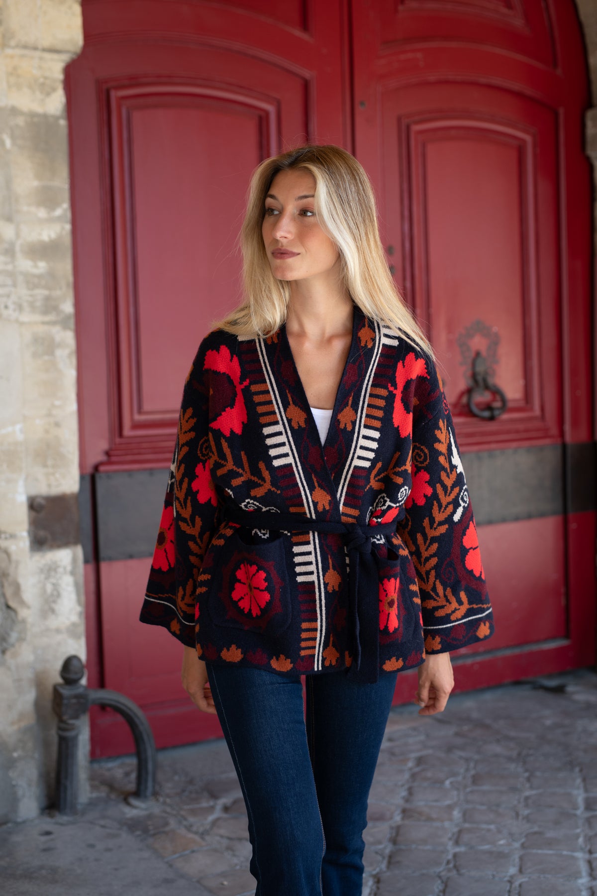 Navy Premium Embroidered Triko Belted Jacket