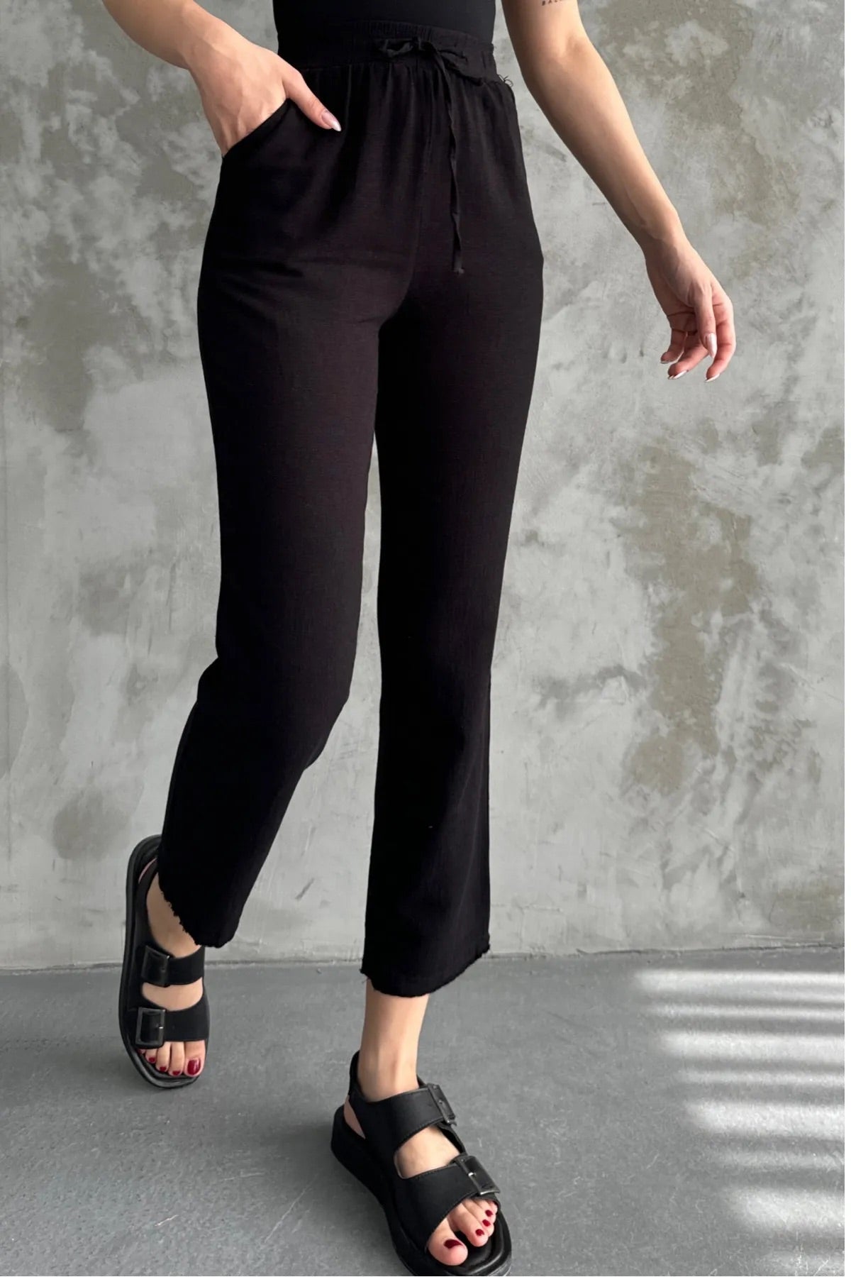 Black Muslin Cotton Pants With Fringes