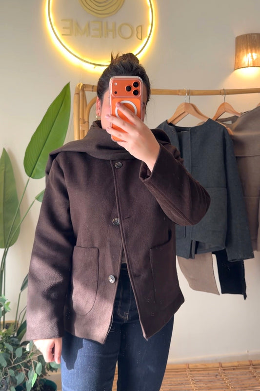 Brown Wool Jacket With Pockets & Detachable Scarf