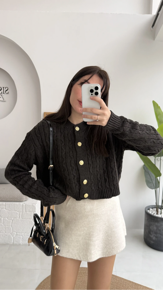 Choco Brown Braided Cardigan With Golden Buttons