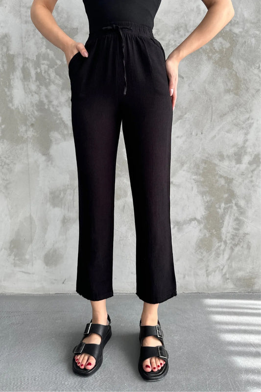 Black Muslin Cotton Pants With Fringes