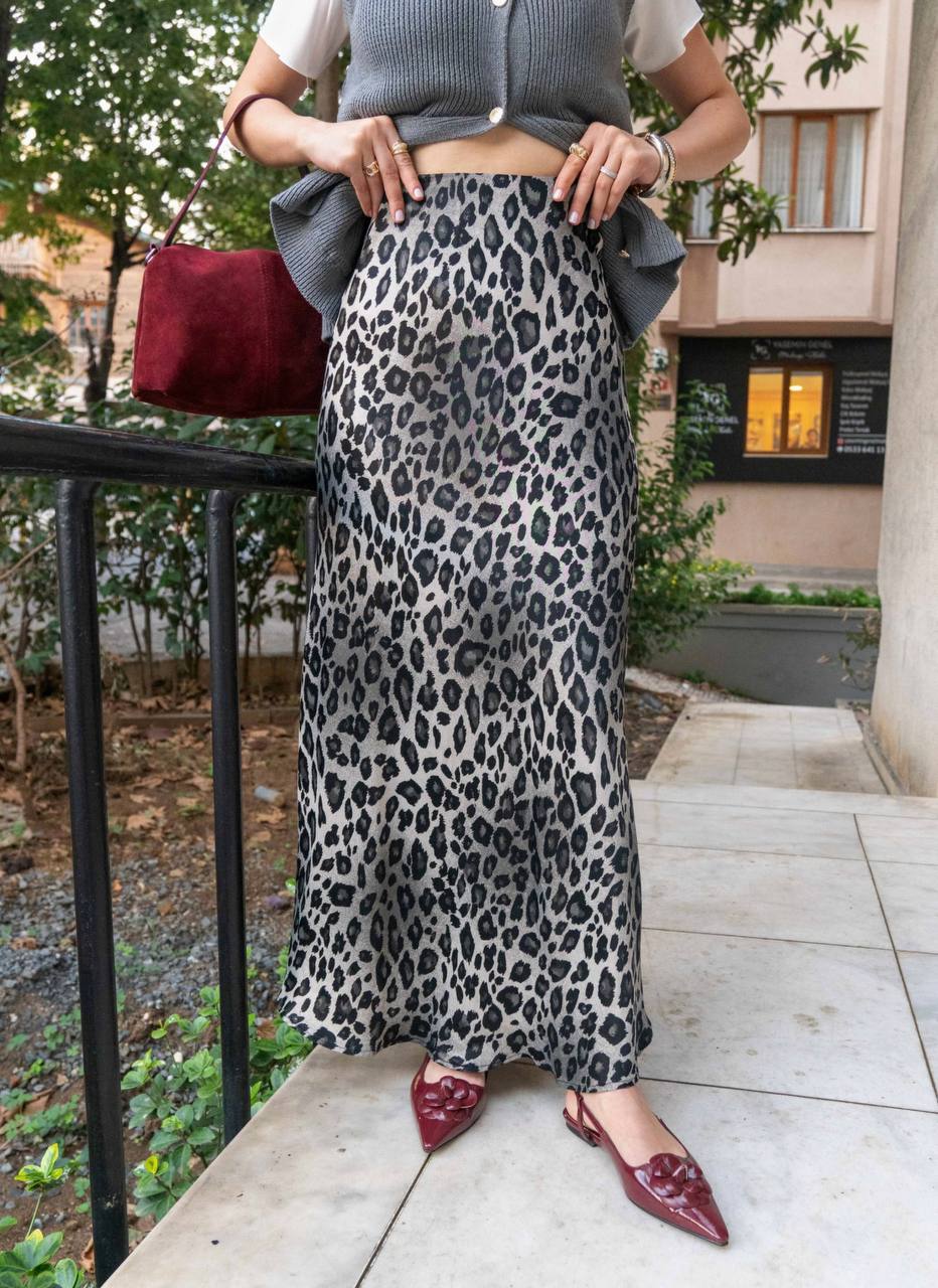Grey Leopard Satin Elastic Waist Skirt
