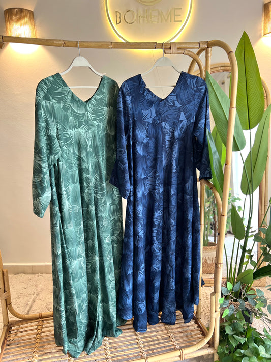 Blue Tropical V Neck Linen Dress