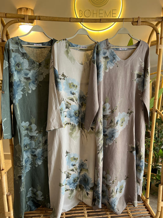 Italian Linen Olive Floral Maxi Dress