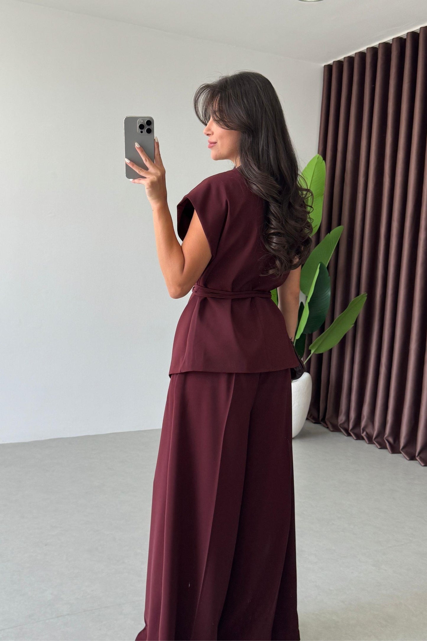 Burgundy Belted Vest & Wide Leg Pants Set