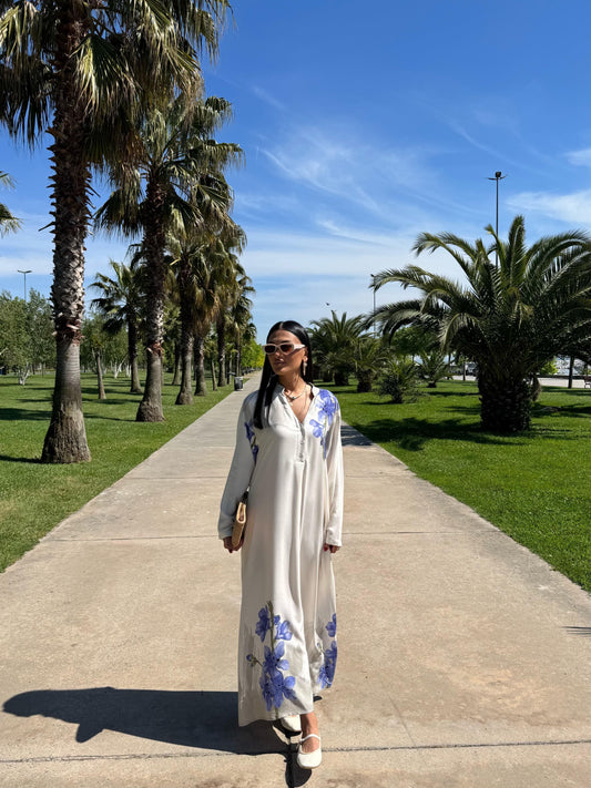 White Blue Floral Shirt Dress With Pockets