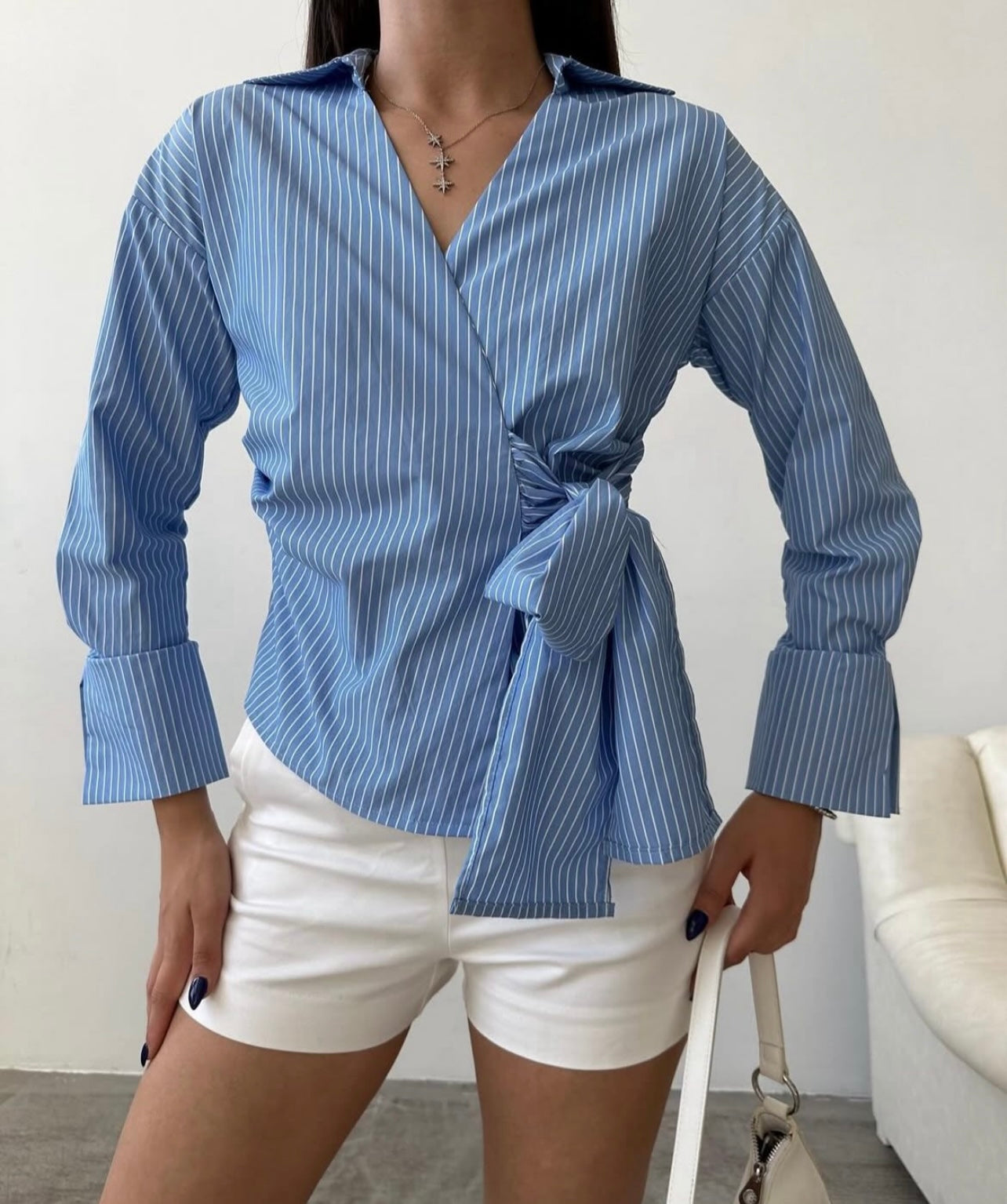 Striped Blue Tie Shirt With Side Belt (Petite Size)