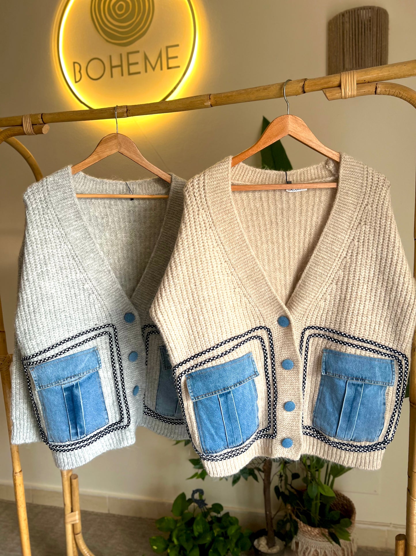 Beige Triko X Denim Cardigan With Pockets