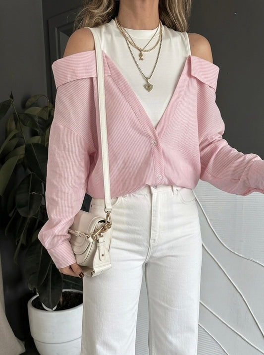 Off Shoulder Striped Pink Shirt With White Top