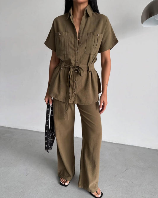 Olive Linen Belted Set With Pockets