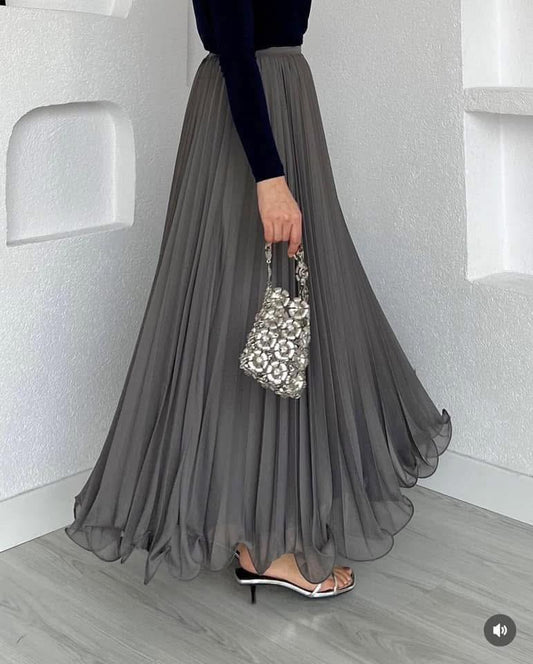 Grey Chiffon Pleated Flowy Skirt